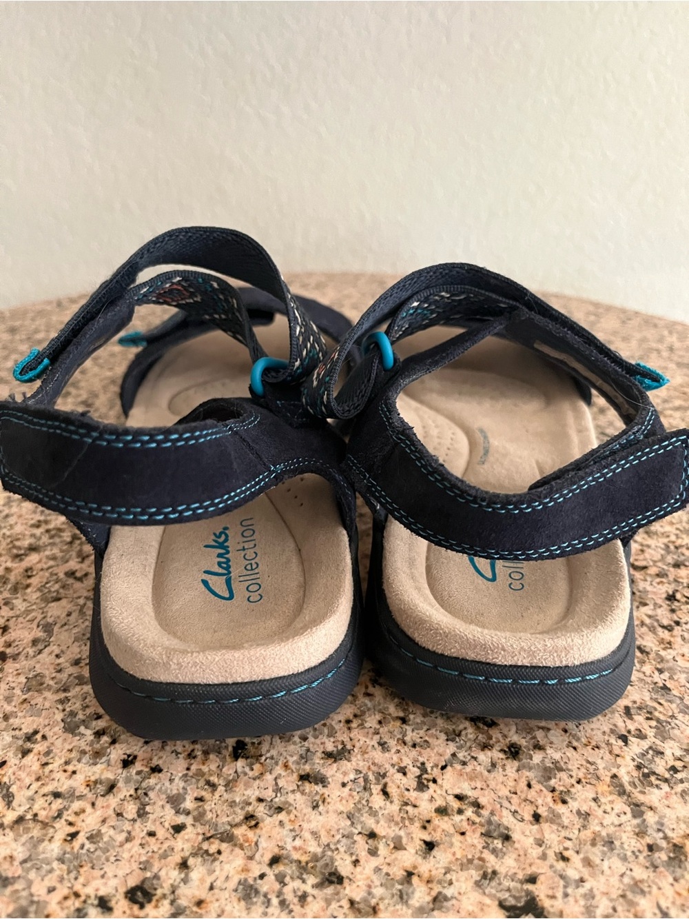 Clarks Navy Suede Adjustable Strap Sandals with Teal Accents Sz 9 - Picture 3 of 5